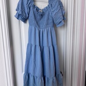 Blue Puff Sleeve Sundress with Square Neck